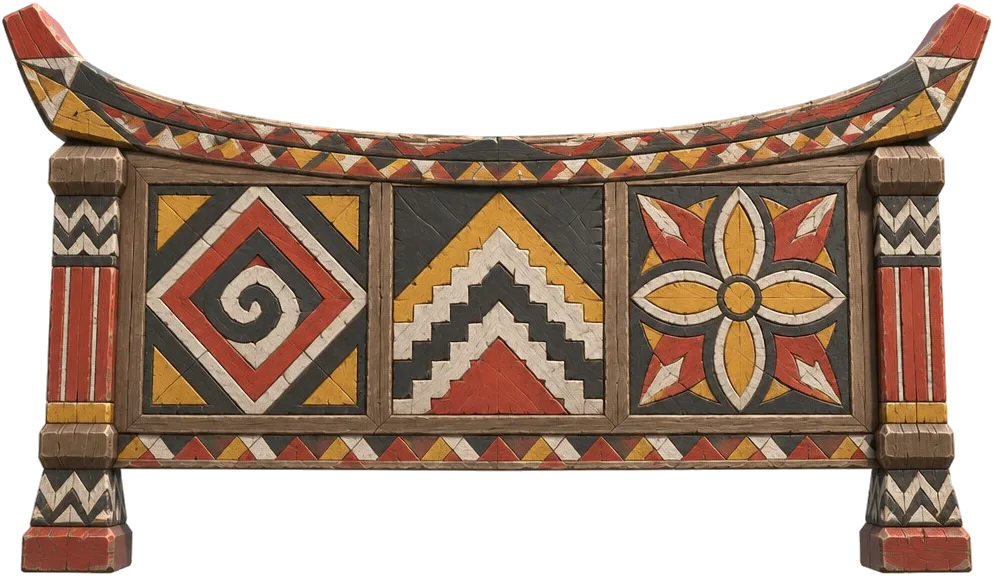 Panel kayu berukir dengan tiga motif: spiral dalam belah ketupat, gunung bertangga, dan simpul matahari empat kelopak.