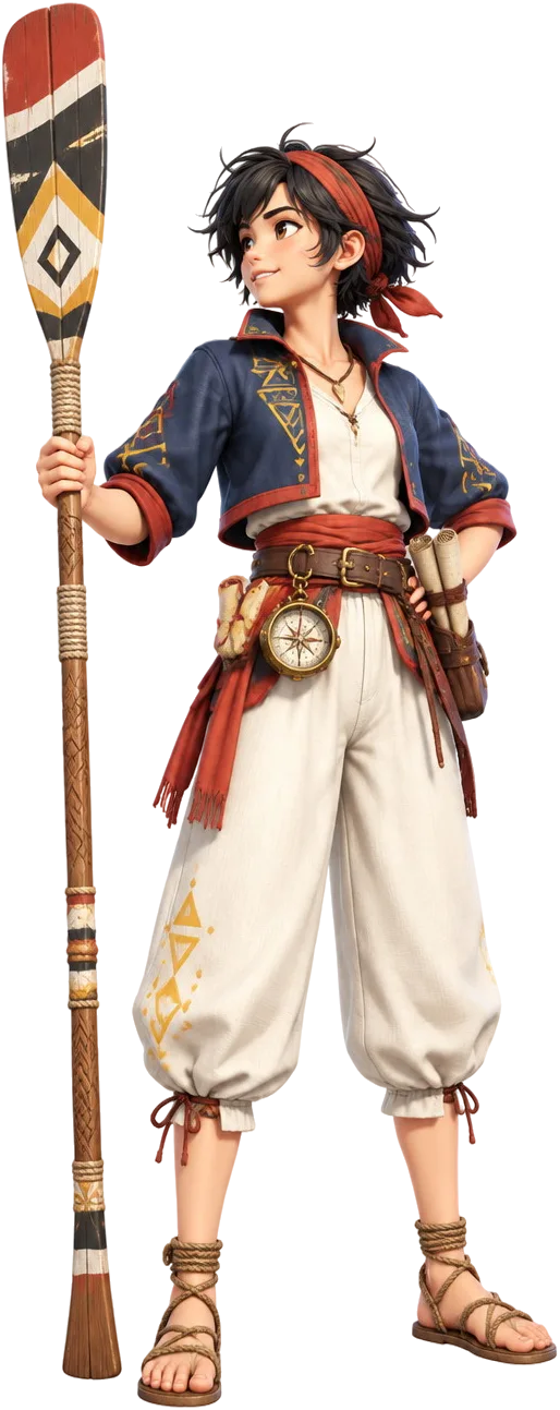 Wren Halyard, navigator The Long Ridge, berdiri dengan tongkat dayung berukir.